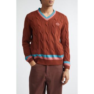Bode Cable Knit Cotton Tennis Sweater in Brown at Nordstrom, Size X-Large