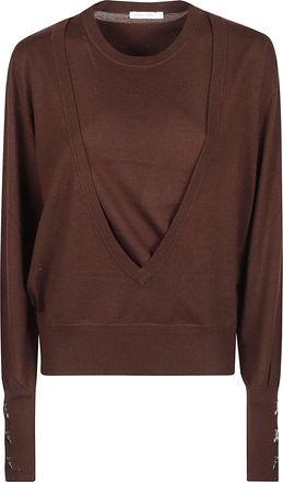 Patrizia Pepe Long Sleeve Deep V-Neck Layered Wool Sweater