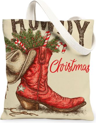 Generic Christmas Western Canvas Tote Bags, Rustic Boot Design Reusable Grocery Bags, Vintage Lightweight Washable Shoulder Strap C, Red, 13x15 Inch