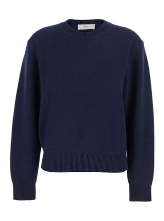 Dunst Blue Crew Neck Sweater With Ribbed Details In Cashmere Man