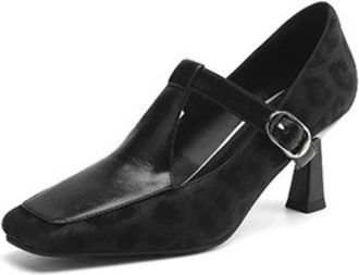 Generic Womens Mary Jane Pumps Square Toe Adjustable Buckle Strap Chunky Block Heel Mixed Texture Cushioned Insole Durable Stylish Shoes,Black,6.5 UK