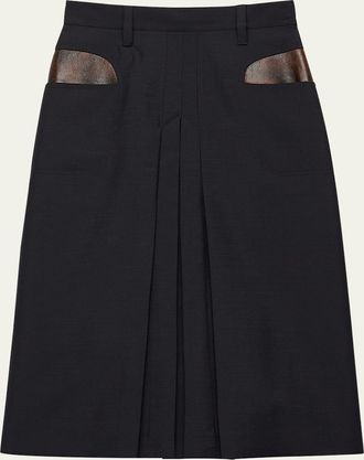 Prada Leather-Pockets Wool Midi Skirt