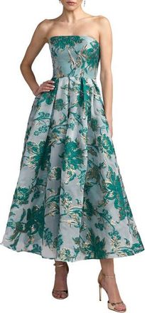 Mac Duggal Petite Strapless Brocade Midi Dress with Pockets in Teal at Nordstrom, Size 12