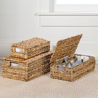 Happimess Sandrine Classic Farmhouse Handwoven Hyacinth Storage Baskets with Handles and Lids, in Natural at Nordstrom