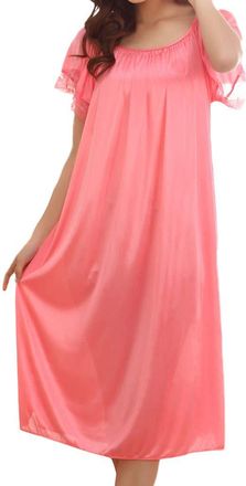 Generic IQYU Womens Night Dress Long Satin Nightdress Short Sleeve Large Sizes Nightgowns Silk Pleated Sleepwear Lace Pyjama Dress Summer Lightweight Lounge R