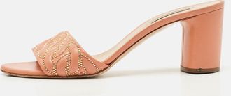 Casadei Peach Pink Leather Block Heel Studded Slide Sandals