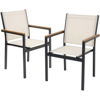 ML Design ML-Design Set di 2 Sedie da Giardino Beige con Braccioli in Legno Naturale, Poltrone in Textilene Traspirante per Terrazzo e Balcone, Struttura in