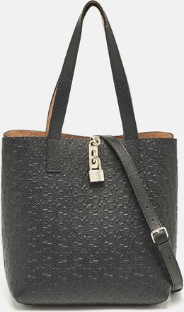 Aigner Black/beige Monogram Embossed Leather Leonie Tote
