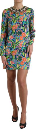 Dolce & Gabbana Multicolor Geometric Print Silk Crystals Midi Womens Dress