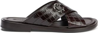 Roberto Cavalli crocodile-effect logo sandals - men - Bos Taurus/Bos Taurus/Bos Taurus - 41 - Brown