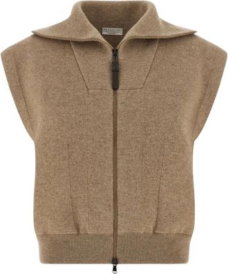 Brunello Cucinelli Mouweloze Vest met Rits - Dames - Jassen - Bruin - Maat: L Wol