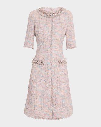 Teri Jon Bead & Fringe-Trim Tweed Dress