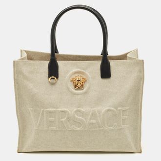 Versace La Medusa Beige/black Canvas Tote