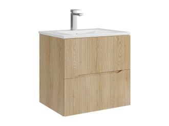 Vente-Unique Mueble de ba&ntilde;o suspendido estriado con levabo encastrado y grifo - Natural claro - 60 cm - ORISO