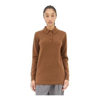 Dries Van Noten Wollen Gebreide Polo Trui - Dames - V-hals truien - Bruin - S - Wol - Truien & Vesten