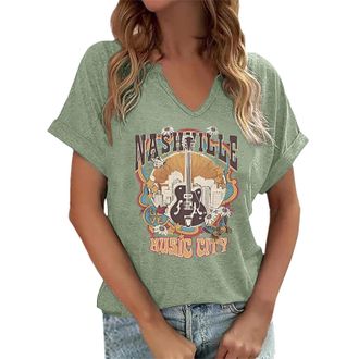 Generic Short Sleeve Shirts for Women Vintage Rock Band T Shirt for Women Fashion Musical Tees Casual Sexy Notched V-Neck T Shirts Country Music Short Sleeve 