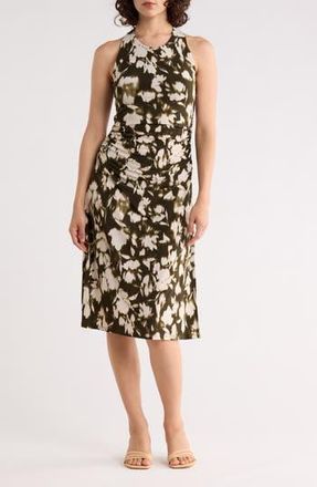 West K Ruched Halter Midi Dress in Olive Tan Floral at Nordstrom Rack, Size X-Small