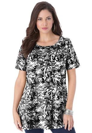 Roaman's Plus Size Ultimate Cotton Crewneck Short Sleeve Swing Tee in Black Graphic Leaves at Nordstrom, Size Medium