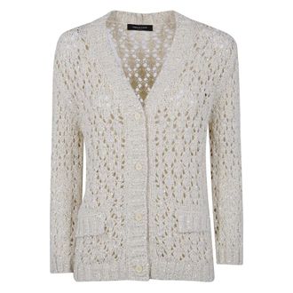 Fabiana Filippi Truien & Vesten, Dames, Beige, M, Gebreid Vest met Ajourpatroon en Knoopsluiting