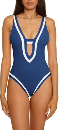 BECCA by Rebecca Virtue Coast Line Plunge One-Piece Swimsuit in Navy at Nordstrom, Size Medium