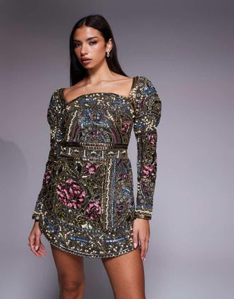Asos Vestito corto multicolore decorato con maniche bombate e scollo alto arrotondato