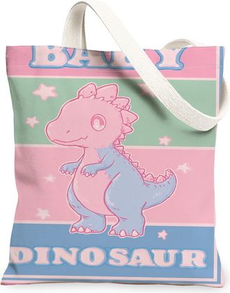 Generic Playful Dinosaur Canvas Tote Bags, Cute Animal Design Reusable Grocery Bags, Summer Lightweight Washable Shoulder Strap Can, Peach, 13x15 Inch