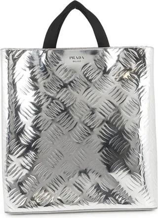 Prada Silver Canvas Leather Handbag Shopping Bag Tote Bag (Pre-Owned)
