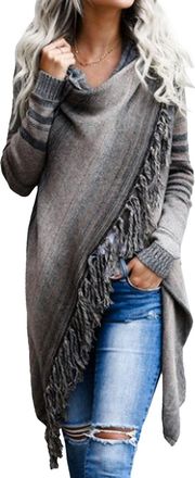 Generic Womens Boho Style Open Front Cardigan Speckled Knit Fringe Tassels Loose Crew Neck Sweater Light Stripe Medium
