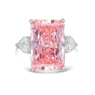 Diana M. Jewels Platinum Lab grown 10ct Fancy pink radiant diamond ring with heart diamonds on the side and micropave band