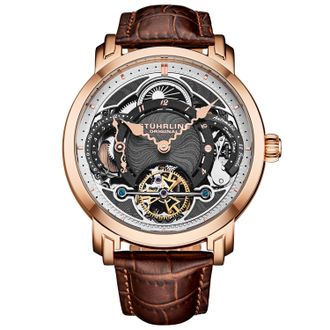 Stührling Mens Celestial Timekeeper 1017 Dual Time Automatic Skeleton Watch - Rose - One Size