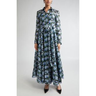 Carolina Herrera Floral Print Long Sleeve Trench Dress in Blue Multi Color at Nordstrom, Size 8