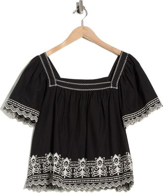 Max Studio Embroidered Short Sleeve Cotton Top in Black /Ecru at Nordstrom Rack, Size X-Large