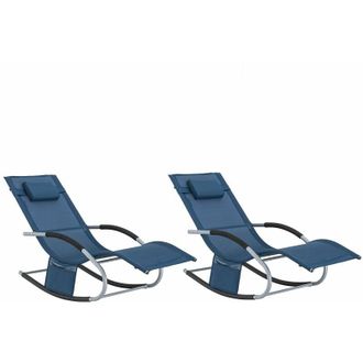 SoBuy Set De 2 Tumbonas Mecedoras Con Almohada Y Bolsillo Lateral Estructura De Hierro Malla Transpirable Teslin C&oacute;modo Soporta Hasta 150 Kg Color Azul Mari