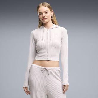 Puma Felpa con cappuccio slim a coste con zip Essentials da donna, Abbigliamento, Rosa, XL