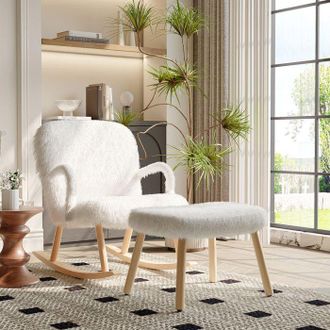 OEM Sill&oacute;n Balanceante Con Puff De Lana Suave, Coj&iacute;n Acolchado Alto, Madera Clara Y Blanca, Estilo Lujo Acogedor
