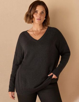 Live Unlimited London Womens Charcoal V Neck Jumper - Grey - Size: 16