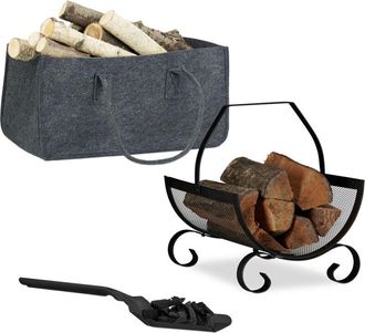 Relaxdays Juego De 3 Piezas Para Chimenea, Bolsa Para Le&ntilde;a, Cesto, Pala Para Cenizas, Fieltro, Acero, Negro/antracita