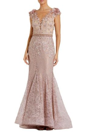 Mac Duggal Embroidered Illusion Appliqued Bodice Trumpet Gown in Mocha at Nordstrom, Size 14