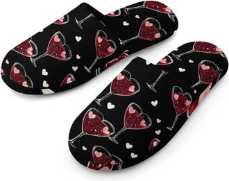 Generic Champagne Glasses Hearts Pattern Flannel Mens Slip-on Slippers Winter Warm House Shoes with Rubber Sole for Home Hotel