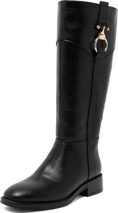 SUGAR Womens Tall Boots - Knee-High Vegan Leather Riding Boots with Pull-On/Side Zipper Entry, Decorative Straps, and Block Heel, Black-wide Calf, 4.5 UK Wi