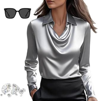 Generic 2025 Trendy Womens Elegant Cowl Neck Long Sleeve Blouse Solid Color Draped Front Silk Satin Work Office Work Shirt Tops (Gray,M)