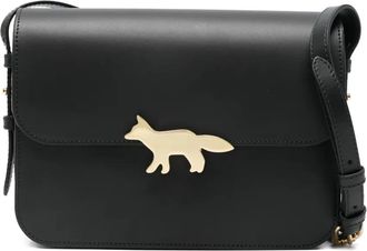 Maison Kitsun&eacute; Leren schoudertas met vossenkop - Zwart