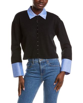Naadam Naadam Mixed Media Button Down Cashmere-Blend Shirt