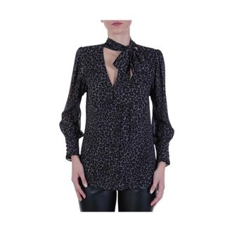 Michael Kors Overhemden, Dames, Veelkleurig, S, Polyester, Leopard Tie V Neck Shirt