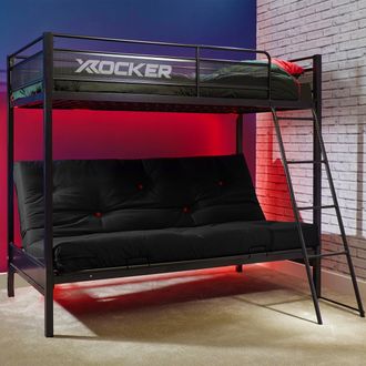 X Rocker Stronghold High Sleeper Bunk Bed with Double Futon / Sofa Bed in Black | Size: Single