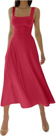 Generic Maxi Dresses for Women UK Sleeveless Summer Casual Solid Color Dress Slim Fit Square Neck Thick Shoulder Strap Skirt Lace Up High Waist Flowy Dresses 