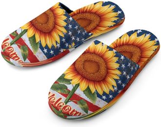 Generic Sunflower Welcome U.S.A Flag Mens Flannel Slipper Soft Comfy House Shoes Non Slip Winter Warm Indoor Outdoor Slippers