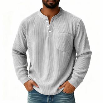 Generic Corduroy shirts Henley collar Mens Waffle Sweatshirt with Pocket V-Neck Button Up Flap Pockets Everyday Wear Classic Thickened White L