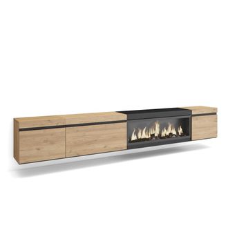 Skraut Home Mueble tv efecto madera roble y negro 288x35x45 chimenea efecto fuego