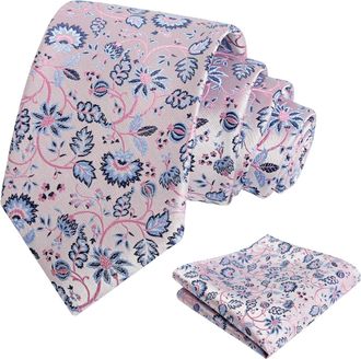 Alizeal Mens 8cm Floral Ties for Men Wedding Party Classic Formal Necktie and Pocket Square Set, Pink+Light Blue